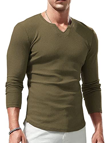 Lehmanlin Langarmshirt Sport T-Shirts für Herren, V-Ausschnitt Stretch, Muskulöse Passform, Lässige Unterwäsche, Thermo Shirt Herren Langarm Leichtgewicht Braun M von Lehmanlin