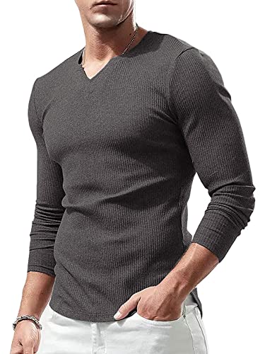 Lehmanlin Langarmshirt Sport T-Shirts für Herren, V-Ausschnitt Stretch, Muskulöse Passform, Lässige Unterwäsche, Thermo Shirt Herren Langarm Leichtgewicht Grau L von Lehmanlin