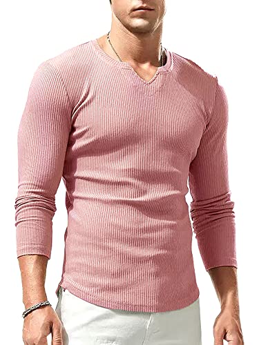 Lehmanlin Langarmshirt Sport T-Shirts für Herren, V-Ausschnitt Stretch, Muskulöse Passform, Lässige Unterwäsche, Thermo Shirt Herren Langarm Leichtgewicht Rosa L von Lehmanlin