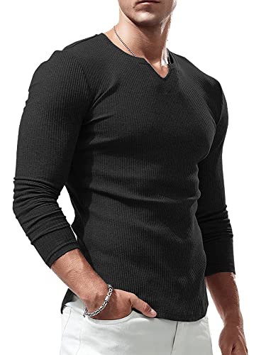 Lehmanlin Langarmshirt Sport T-Shirts für Herren, V-Ausschnitt Stretch, Muskulöse Passform, Lässige Unterwäsche, Thermo Shirt Herren Langarm Leichtgewicht Schwarz M von Lehmanlin