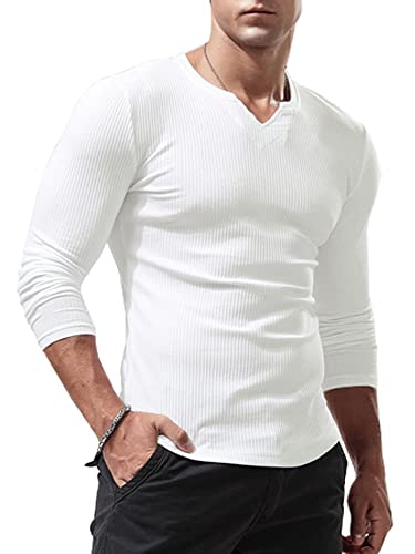 Lehmanlin Langarmshirt Sport T-Shirts für Herren, V-Ausschnitt Stretch, Muskulöse Passform, Lässige Unterwäsche, Thermo Shirt Herren Langarm Leichtgewicht Weiß S von Lehmanlin