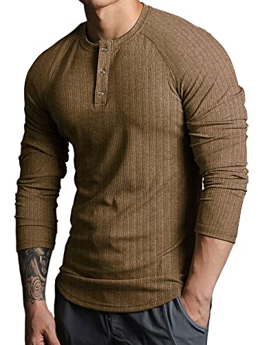 Lehmanlin Langarmshirts für Herren,Henley Longsleeve Langarm Pullover,Baumwolle Gerippt Stoffe,Schmale Passform Thermo Tshirt,Slim Fit Sport Muskelshirts (Braun/XL) von Lehmanlin