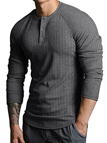 Lehmanlin Langarmshirts für Herren,Henley Longsleeve Langarm Pullover,Baumwolle Gerippt Stoffe,Schmale Passform Thermo Tshirt,Slim Fit Sport Muskelshirts (Dunkelgrau/2XL) von Lehmanlin