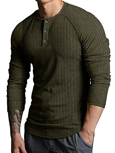 Lehmanlin Langarmshirts für Herren,Henley Longsleeve Langarm Pullover,Baumwolle Gerippt Stoffe,Schmale Passform Thermo Tshirt,Slim Fit Sport Muskelshirts (Grün/L) von Lehmanlin