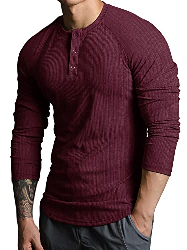 Lehmanlin Langarmshirts für Herren,Henley Longsleeve Langarm Pullover,Baumwolle Gerippt Stoffe,Schmale Passform Thermo Tshirt,Slim Fit Sport Muskelshirts (Rot/M) von Lehmanlin