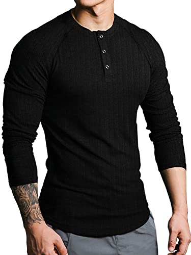 Lehmanlin Langarmshirts für Herren,Henley Longsleeve Langarm Pullover,Baumwolle Gerippt Stoffe,Schmale Passform Thermo Tshirt,Slim Fit Sport Muskelshirts (Schwarz/L) von Lehmanlin