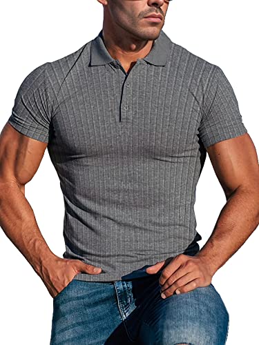 Lehmanlin Muskel-Poloshirts für Herren Kurzarm Stretch Slim Fit Baumwolle Golf T-Shirt (Dunkel grau/2XL) von Lehmanlin