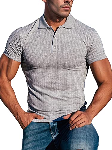 Lehmanlin Muskel-Poloshirts für Herren Kurzarm Stretch Slim Fit Baumwolle Golf T-Shirt (Grau/L) von Lehmanlin