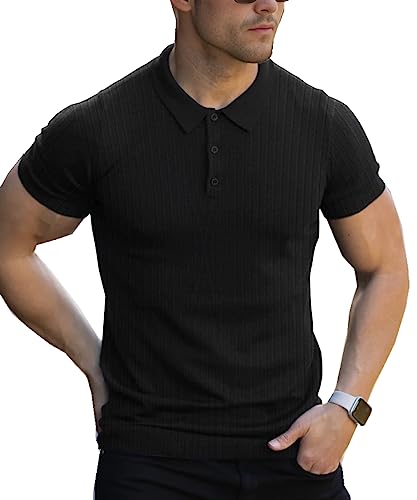 Lehmanlin Muskel-Poloshirts für Herren Kurzarm Stretch Slim Fit Baumwolle Golf T-Shirt (Schwarz/2XL) von Lehmanlin