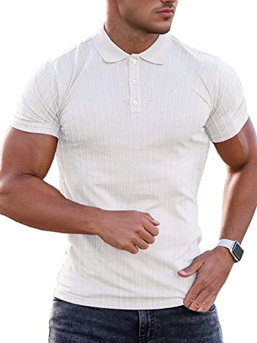 Lehmanlin Muskel-Poloshirts für Herren Kurzarm Stretch Slim Fit Baumwolle Golf T-Shirt (Weiß/S) von Lehmanlin