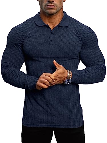 Lehmanlin Muskel-Poloshirts für Herren Langarm Stretch Slim Fit Baumwolle Golf T-Shirt (Blau/2XL) von Lehmanlin