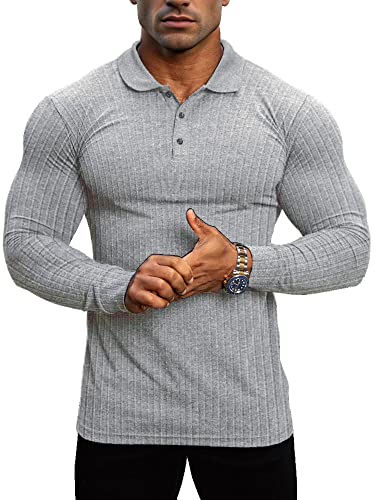 Lehmanlin Muskel-Poloshirts für Herren Langarm Stretch Slim Fit Baumwolle Golf T-Shirt (Grau/M) von Lehmanlin
