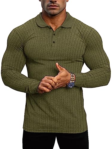 Lehmanlin Muskel-Poloshirts für Herren Langarm Stretch Slim Fit Baumwolle Golf T-Shirt (Grün/L) von Lehmanlin