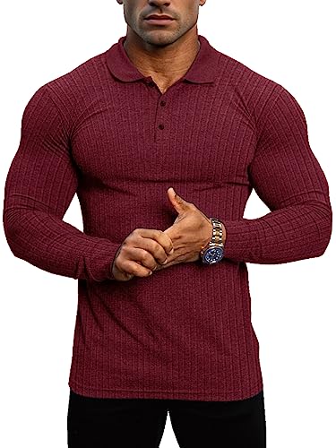 Lehmanlin Muskel-Poloshirts für Herren Langarm Stretch Slim Fit Baumwolle Golf T-Shirt (Rot/M) von Lehmanlin