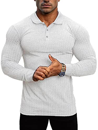 Lehmanlin Muskel-Poloshirts für Herren Langarm Stretch Slim Fit Baumwolle Golf T-Shirt (Weiß/XL) von Lehmanlin