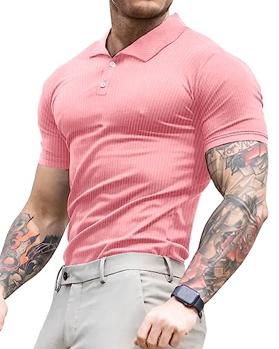 Lehmanlin Poloshirt Herren, T Shirts Männer, Hemd Herren Kurzarm Geripptes Elastizität T-Shirt Sommer Slim Fit Golf Sports (Rosa/L) von Lehmanlin