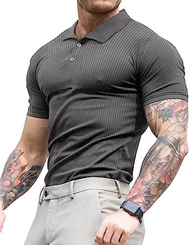 Lehmanlin Poloshirt Herren, T Shirts Männer, Hemd Herren Kurzarm Geripptes Elastizität T-Shirt Sommer Slim Fit Golf Sports (dunkel grau/M) von Lehmanlin