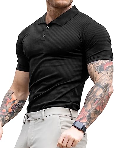 Lehmanlin Poloshirt Herren, T Shirts Männer, Hemd Herren Kurzarm Geripptes Elastizität T-Shirt Sommer Slim Fit Golf Sports (schwarz/XL) von Lehmanlin