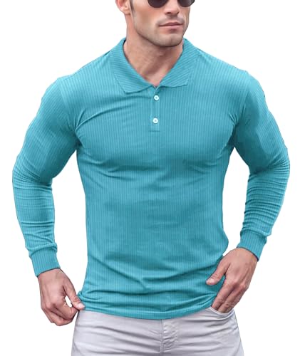 Lehmanlin Poloshirt Herren Langarm Geripptes T Shirts Männer Hemd Herren Elastizität Slim Fit Casual Golf Tops(Blau/XL) von Lehmanlin