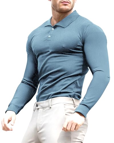 Lehmanlin Poloshirt Herren Langarm Geripptes T Shirts Männer Hemd Herren Elastizität Slim Fit Casual Golf Tops(Blau/XL) von Lehmanlin