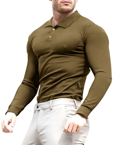 Lehmanlin Poloshirt Herren Langarm Geripptes T Shirts Männer Hemd Herren Elastizität Slim Fit Casual Golf Tops(Braun/L) von Lehmanlin