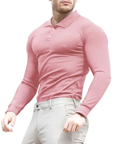 Lehmanlin Poloshirt Herren Langarm Geripptes T Shirts Männer Hemd Herren Elastizität Slim Fit Casual Golf Tops(Rosa/XXL) von Lehmanlin