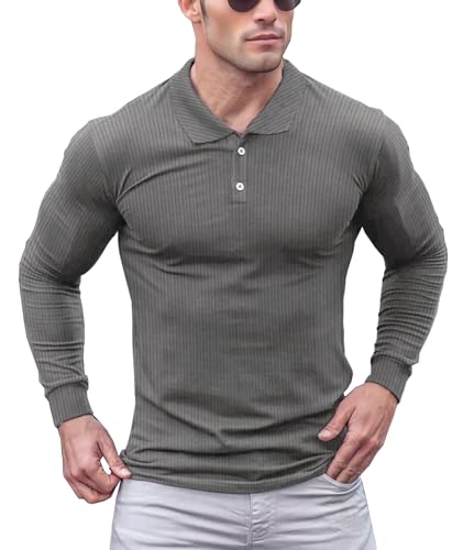 Lehmanlin Poloshirt Herren Langarm Geripptes T Shirts Männer Hemd Herren Elastizität Slim Fit Casual Golf Tops(dunkel grau/XXL) von Lehmanlin