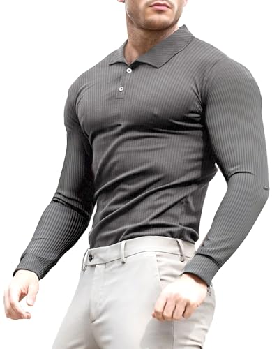 Lehmanlin Poloshirt Herren Langarm Geripptes T Shirts Männer Hemd Herren Elastizität Slim Fit Casual Golf Tops(dunkel grau/XXL) von Lehmanlin