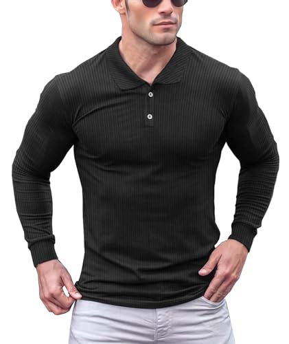 Lehmanlin Poloshirt Herren Langarm Geripptes T Shirts Männer Hemd Herren Elastizität Slim Fit Casual Golf Tops(schwarz/L) von Lehmanlin