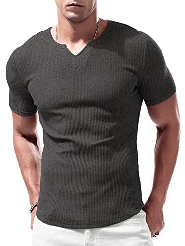 Lehmanlin Sport T-Shirts für Herren, V-Ausschnitt, Stretch, Muskulöse Passform, Lässige Unterwäsche, Thermo Shirt Herren Kurzarm Leichtgewicht Grau 2XL von Lehmanlin