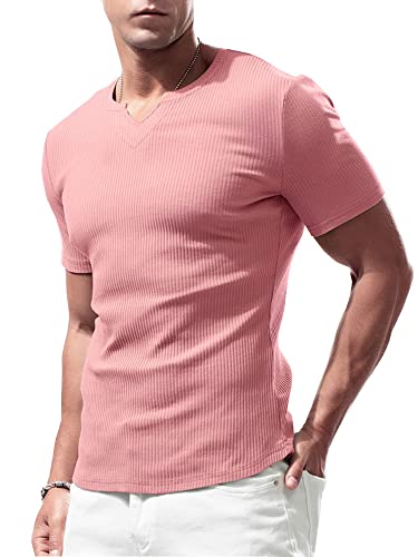 Lehmanlin Sport T-Shirts für Herren, V-Ausschnitt, Stretch, Muskulöse Passform, Lässige Unterwäsche, Thermo Shirt Herren Kurzarm Leichtgewicht Rosa L von Lehmanlin