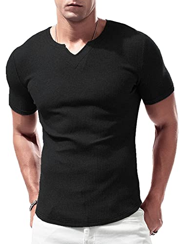 Lehmanlin Sport T-Shirts für Herren, V-Ausschnitt, Stretch, Muskulöse Passform, Lässige Unterwäsche, Thermo Shirt Herren Kurzarm Leichtgewicht Schwarz/XL von Lehmanlin