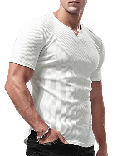 Lehmanlin Sport T-Shirts für Herren, V-Ausschnitt, Stretch, Muskulöse Passform, Lässige Unterwäsche, Thermo Shirt Herren Kurzarm Leichtgewicht Weiß 2XL von Lehmanlin