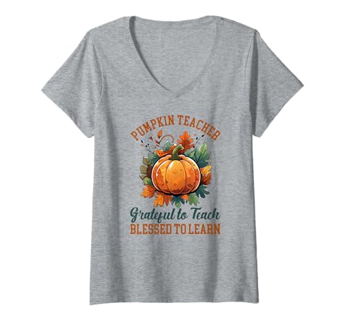 Damen Thanksgiving Kürbislehrer dankbar gesegnetes Herbst Zitat T-Shirt mit V-Ausschnitt von Lehrer Wertschätzung Herbst Thanksgiving