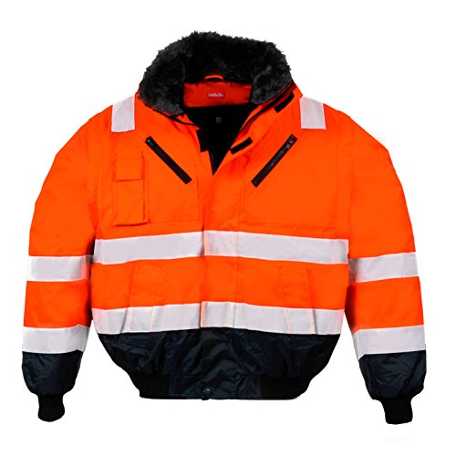 LeiKaTex Warnschutz-Pilotenjacke Winter gefüttert 4 in 1 Funktion mit Kapuze, Winddicht & Wasserabweisend für Herren und Damen (L, Warnorange/Marine) von LeiKaTex