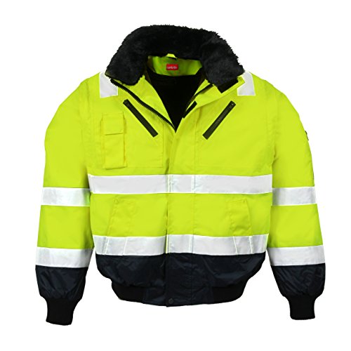 LeiKaTex Warnschutz-Pilotenjacke Winter gefüttert 4 in 1 Funktion mit Kapuze, Winddicht & Wasserabweisend für Herren und Damen (XL, Neongelb/Marine) von LeiKaTex