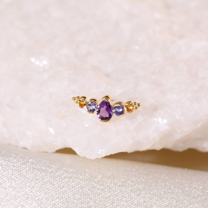 14K Solid Gold Amethyst Mit Tansanit Und Citrin Fan Kletterer, Zierliche Fledermaus Geformt Helix Conch Knorpel Crawler Fadenlose Pin Ohrring von LeiTjewelry