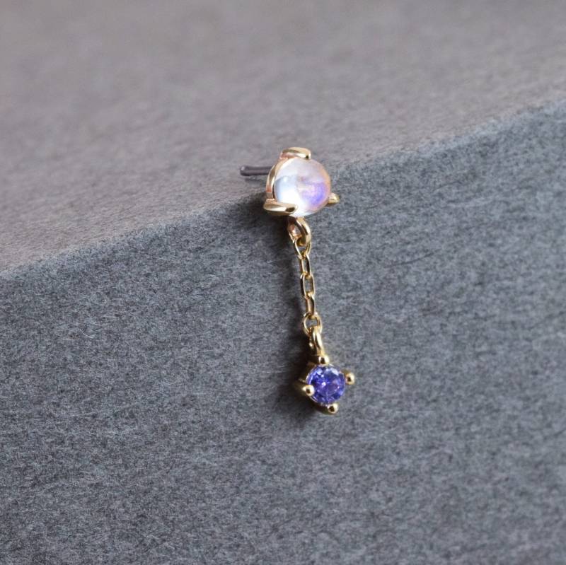 14K Solid Gold Baumeln Kette Mondstein Ohrring Tansanit Knorpel Helix Piercing Conch Tragus Stud Flat Back von LeiTjewelry