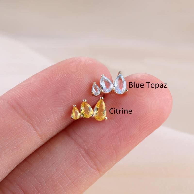 14K Solid Gold Pear Cut Blautopas Helix Ohr Kletterer, Citrin Knorpel Conch Lobe Flachrücken Piercing, Threadless Push Pin von LeiTjewelry