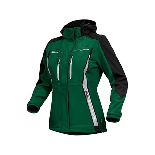 Leibwächter Damen Softshelljacke – grün – Gr. 38 – atmungsaktiv, wind- und wasserabweisend – taillierter Schnitt – Reflektoren – abnehmbare Kapuze von Leibwächter