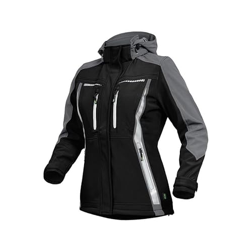 Leibwächter Damen Softshelljacke – schwarz – Gr. 48 – atmungsaktiv, wind- und wasserabweisend – taillierter Schnitt – Reflektoren – abnehmbare Kapuze von Leibwächter