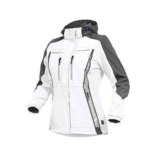 Leibwächter Damen Softshelljacke – weiß – Gr. 44– atmungsaktiv, wind- und wasserabweisend – taillierter Schnitt – Reflektoren – abnehmbare Kapuze von Leibwächter
