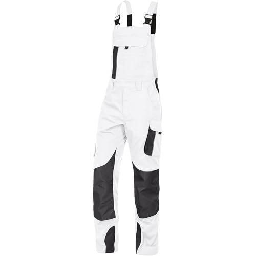 Leibwächter Dynamic Line Arbeitslatzhose Herren Gr. 52, Stretch Latzhose in weiß mit Reflexpaspeln und Knieverstärkung, Arbeitshose mit Taschen für Baustelle, Werkstatt und Montage von Leibwächter