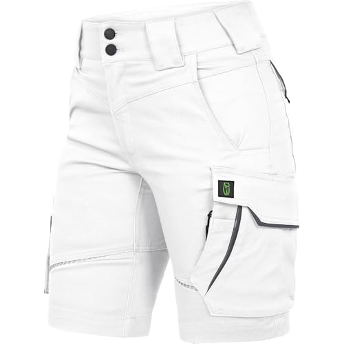 Leibwächter – Arbeitsshorts Damen Flex LINE Weiß-grau – Größe 44 – Robuste Cargo Hose mit Taschen – Handwerker Shorts – Berufsbekleidung – Multifunktionshose mit Reflektoren von Leibwächter