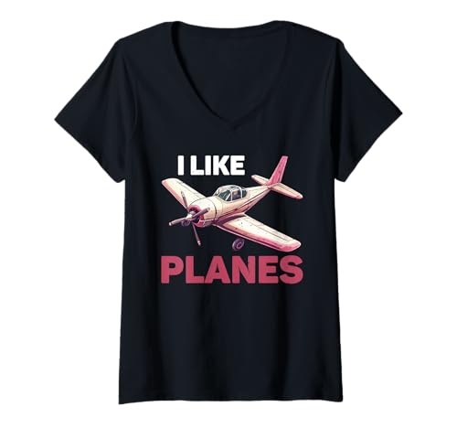 Damen I Like Planes Beruf des Flugpiloten T-Shirt mit V-Ausschnitt Damen I Like Planes Beruf des Flugpiloten T-Shirt mit V-Ausschnitt von Leidenschaftlicher Flugzeugflieger