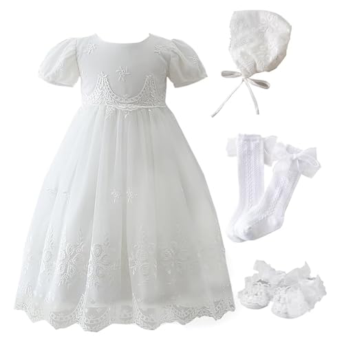 Leideur Baby Girl Taufkleid Lang Segenskleider Weiß Formale Brautkleider Besondere Anlässe Kleid für Neugeborene (Weiß 4 Stück, 12 Monate) von Leideur