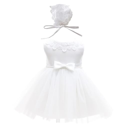 Leideur Baby Mädchen Weiß Taufkleid mit Haube Neugeborenen Taufe Kleid Spitzenkleid für Hochzeit Geburtstag (Weiß, 24M) von Leideur