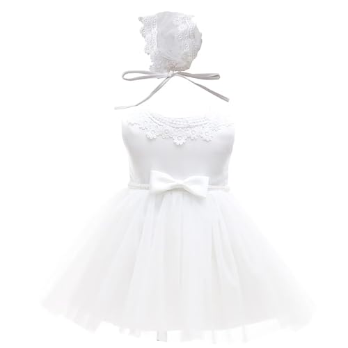Leideur Baby Mädchen Weiß Taufkleid mit Haube Neugeborenen Taufe Kleid Spitzenkleid für Hochzeit Geburtstag (Weiß, 3M) von Leideur