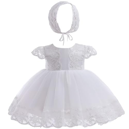 Leideur Baby Mädchen Weiß Taufkleid mit Haube Neugeborenen Taufe Kleid Spitzenkleid für Hochzeit Geburtstag (Weiß 1, 3M) von Leideur