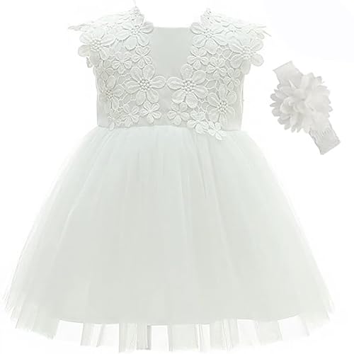 Leideur Baby Mädchen Weiß Taufkleid mit Haube Neugeborenen Taufe Kleid Spitzenkleid für Hochzeit Geburtstag (Weiß 2, 18M) von Leideur